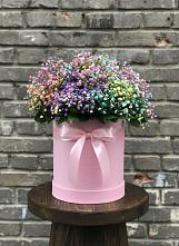 Цветочная композиция из Гипсофила и Розы в шляпной коробке в Клину