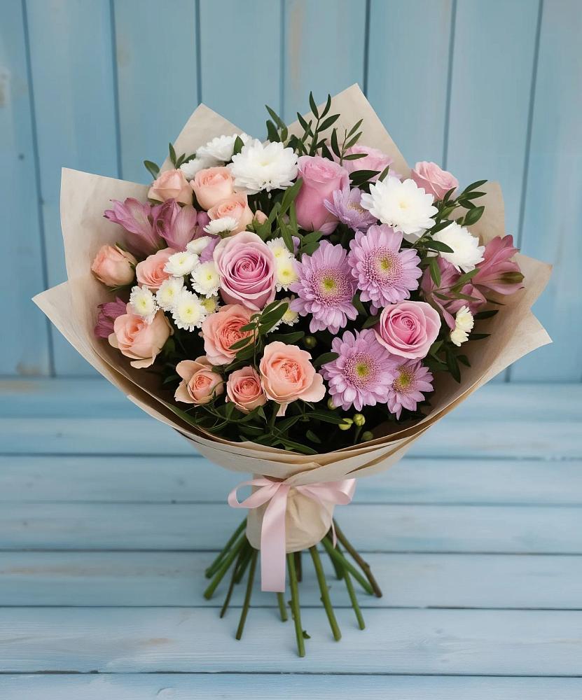Букет цветов из: Хризантемы, Розы и Альстромерии в Клину