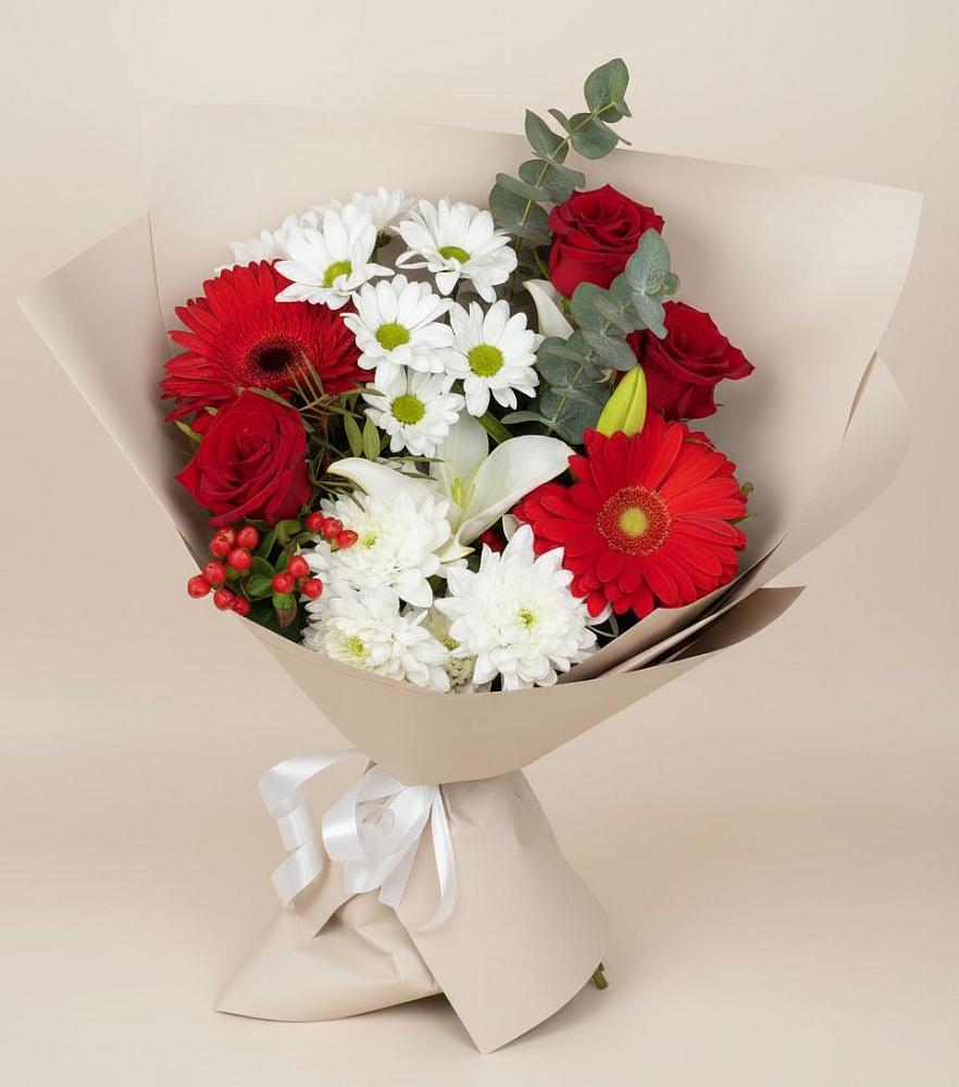 Букет цветов из: Розы, Хризантемы, Герберы и Лилии в Клину
